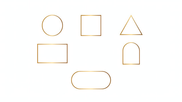 Set of thin gold outline geometric shapes including a circle, square, triangle, rectangle, arch, and rounded rectangle on white background