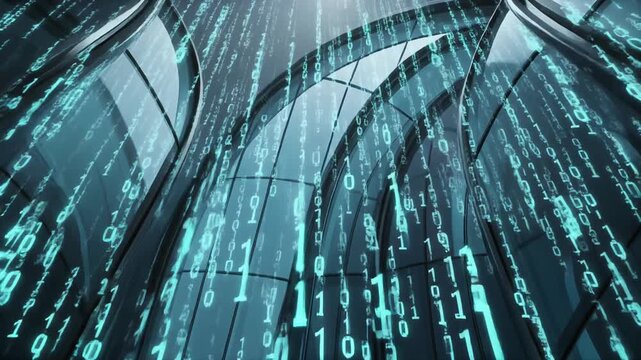 Digital Data Flowing Down Modern Glass Skyscraper, Binary Code Background