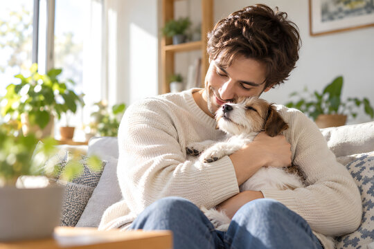 Man cuddling a cat while relaxing at home