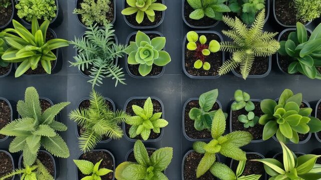 Overhead View of Assorted Potted Succulents and Plants in Nursery Trays