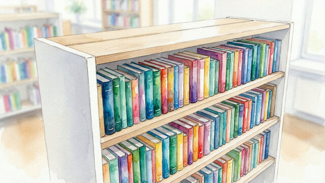 Watercolor painting illustration of a wooden bookshelf filled with colorful books in a bright library interior.