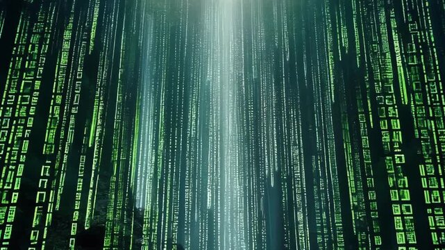 Digital Rain Matrix Code Forest - Futuristic Data Stream  Technology Background