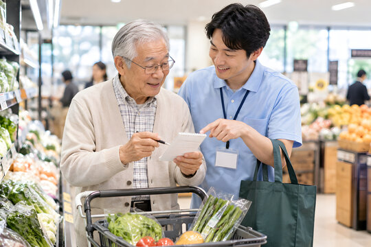 Caregiver shopping for groceries with an elderly man