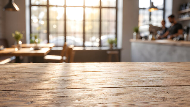 Empty wooden table in a warm cafe interior