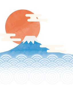 Japanese New Year Greeting Card with Mount Fuji, Sunrise and Seigaiha Waves
