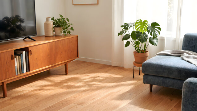Bright minimal living room with warm wooden floor