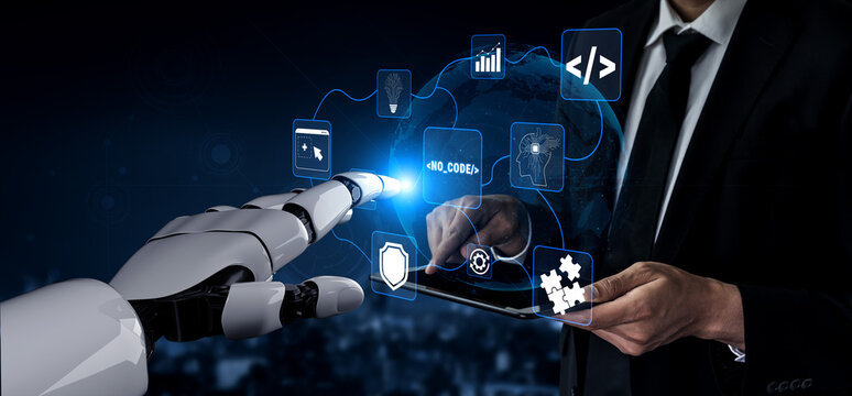 Futuristic Robot Hand Interacting with Digital Interface and Touchscreen Device in a Dark Technology Environment Quark.
