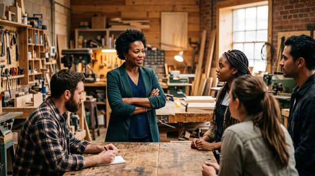 Diverse team of craftspeople collaborating in a woodworking shop discussing project plans