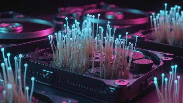 Surreal Concept Fungi Growing Out of Hard Drives, Symbolizing Digital Decay and Data Growth