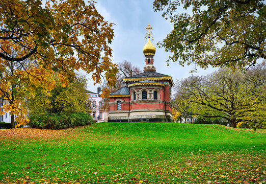 Russian Orthodox church with onion dome in autumn Bad Homburg