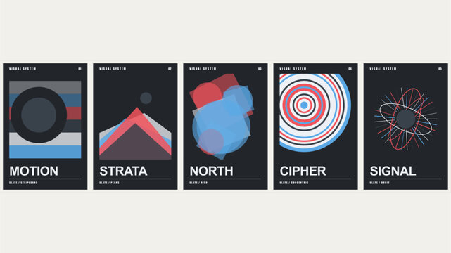 Visual system series featuring motion stripes, strata triangles, north overlapping shapes, cipher concentric circles, and signal orbital ellipses