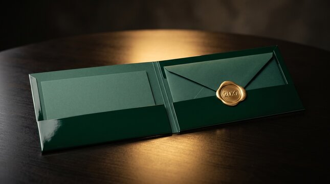 Open emerald folio with a gold 2027 seal