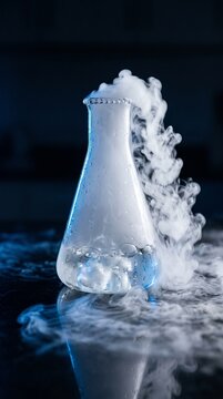 Dry ice sublimating in a laboratory flask with vapor  
