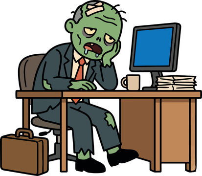 Tired cartoon zombie businessman sleeping at office desk with computer, briefcase and coffee mug. Funny corporate burnout Halloween monster vector isolated on transparent background, great for design.