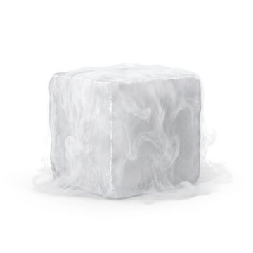 Dry ice block sublimating with mist on a white background  