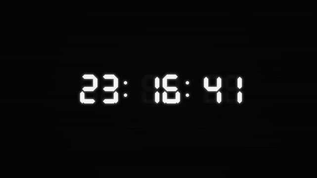 animated glowing led white digital countdown timer from 23 pm to midnight in black background