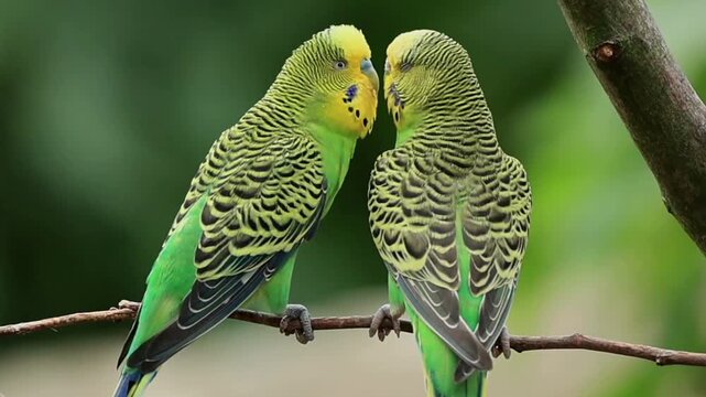 Budgerigar (Melopsittacus undulatus), adult, two, pair, male, female, social behaviour, waiting, Australia