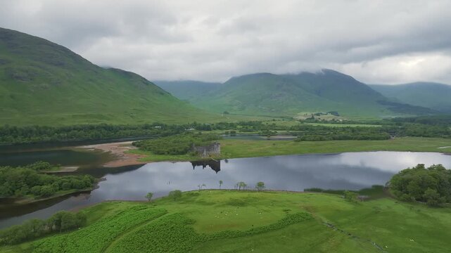Kilchurn Castle from a drone, Loch Awe, Argyll and Bute, Scotland, UK