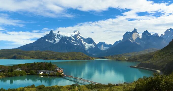 House on an island by the lake, Torres del Paine National Park, Patagonia, Chile