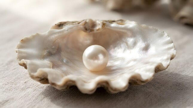 Single lustrous white pearl resting inside an open textured seashell