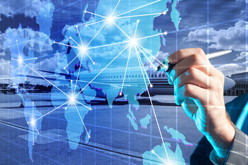 Air transportation. Global aviation network connects international airports and flight routes for passenger travel, logistics and worldwide mobility. © Grispb