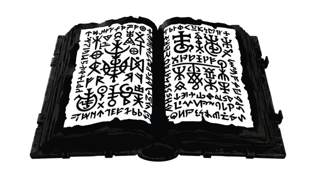 Ancient open magic book featuring dark mysterious mystical symbols on aged torn white paper parchment pages