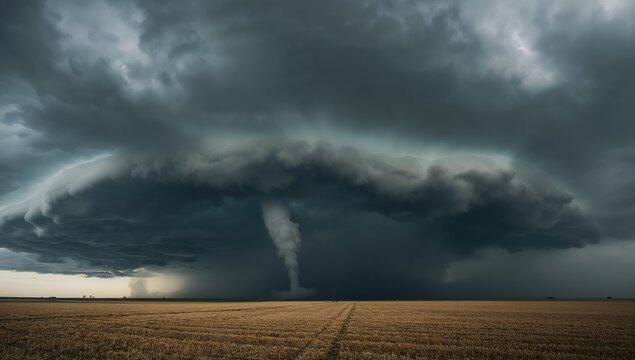 Dramatic tornado funnel cloud touching down over open farmland during severe thunderstorm, powerful twister spinning from dark storm clouds in rural landscape showing extreme weather and natural disas