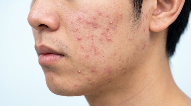 Dermatology: Close-up of Asian man with facial acne, pimples and inflamed skin