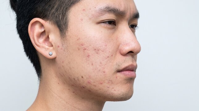Dermatology: Asian man in profile showing facial acne, blemishes, and post-acne marks