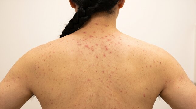Dermatology: Adult with widespread back acne and inflamed blemishes across shoulders
