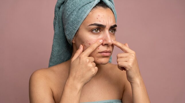 Dermatology: Person examining facial acne during a skincare routine