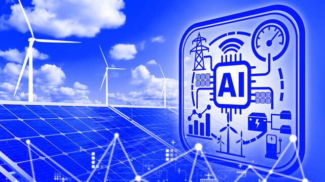Renewable energy. Artificial intelligence controls solar panels and wind turbines, optimizing power generation, storage and smart grid distribution 3D image