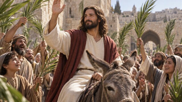 Biblical depiction of Jesus Christ entering ancient Jerusalem on a donkey during the Triumphal Entry on Palm Sunday, surrounded by a devoted crowd.