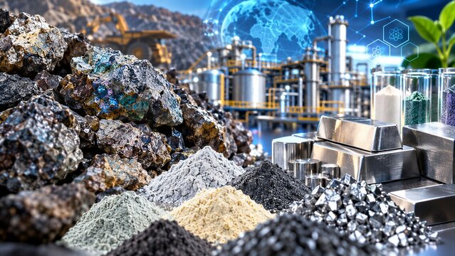 Piles of rare earth element minerals, freshly mined and refined, showcasing critical resources for modern industry and advanced material science.
