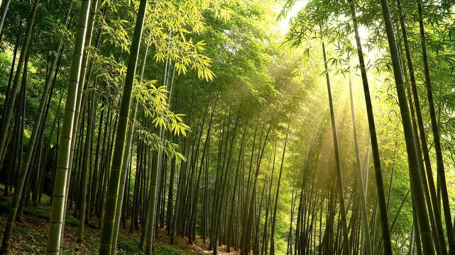 Sunlight filters through a dense vibrant bamboo forest