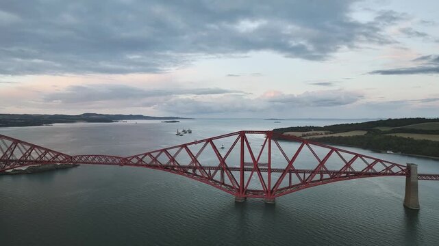 Forth Bridge from a drone, Queensferry Crossing, Forth Estuary, Scotland, United Kingdom