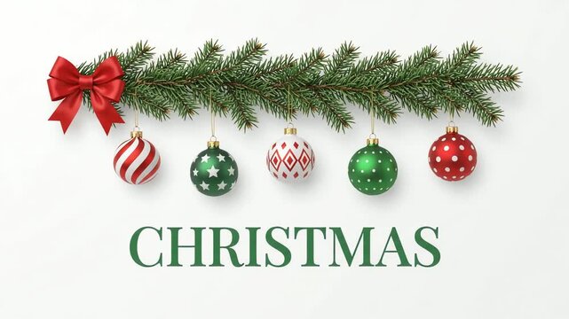 Christmas banner features a row of evergreen branches decorated with hanging glass ornaments, a red ribbon bow, and festive typography against a clean background.