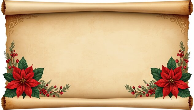 Aged holiday scroll with poinsettia accents at corners