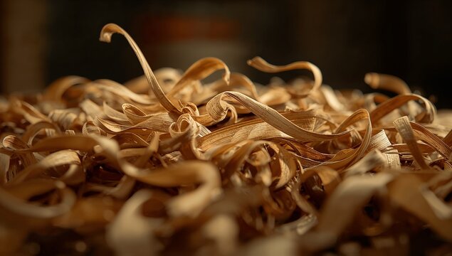 Curly wood shavings background, natural wood wool excelsior texture with warm golden curls, decorative curled wooden strands close-up for craft and packaging design, rustic wood shaving material patte