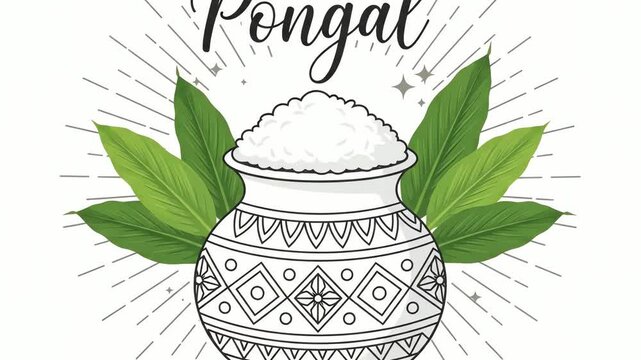 Pongal festival pot filled with rice and surrounded by green leaves is displayed in a traditional hand drawn vector design.