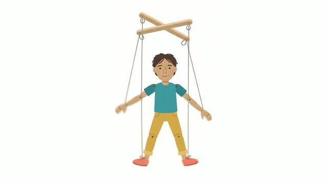 Marionette puppet hanging from wooden crossbars by strings against a plain white background illustrating loss of personal autonomy and external control.