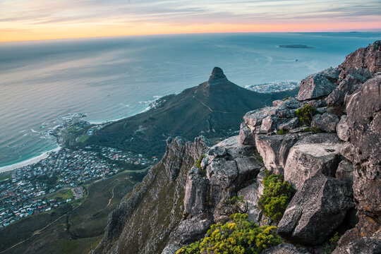 Aerial view of Lion's Head mountain, Cape Town cityscape and the Atlantic Ocean from Table Mountain, Western Cape, South Africa