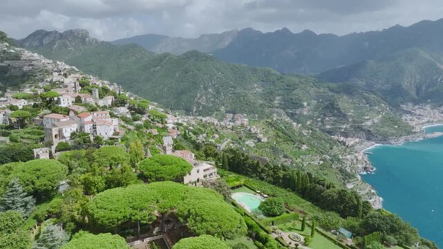 Ravello from a drone, Amalfi Coast, Tyrrhenian Sea, Salerno, Campania, Italy