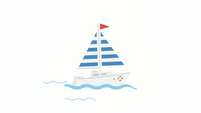 Sailboat graphic featuring blue striped sails and a red flag floats on stylized ocean waves against a clean white background for travel and maritime concepts.