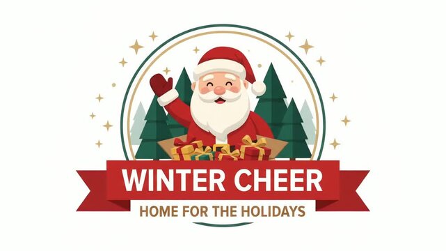 Badge displays winter cheer text with santa surrounded by pine trees and gift boxes for seasonal holiday graphic projects.