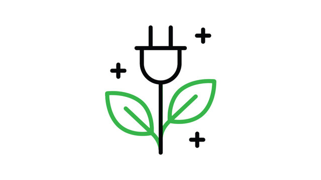 Green electrical plug icon featuring fresh organic leaves representing sustainable power and clean renewable energy sources