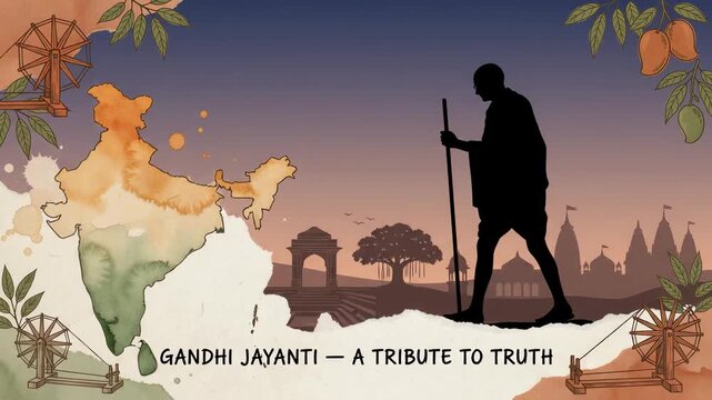 Gandhi Jayanti banner design showcasing a silhouette of Mahatma Gandhi walking past Indian architectural landmarks with a map background and traditional spinning wheels.
