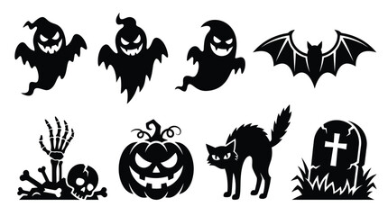 Fototapeta premium Spooky halloween vector icon set featuring ghosts bats pumpkin skeleton hand cat and ornate gravestone