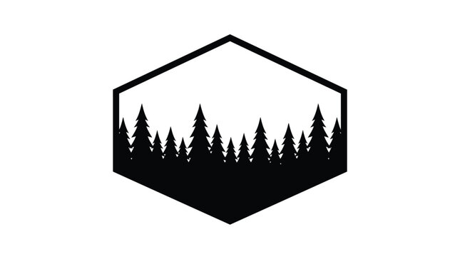 Hexagonal emblem featuring solid black pine tree silhouettes created with clean minimalist vector graphic lines