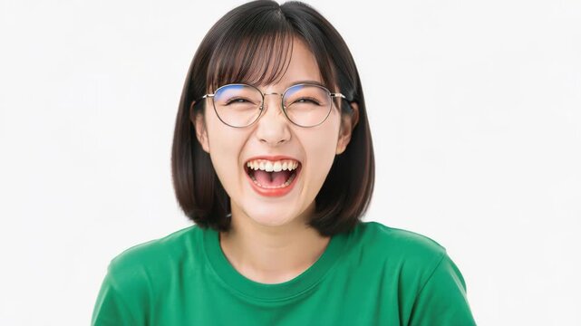 Joyful Laughter: A young Asian woman with glasses and a bob haircut is bursting with laughter, her eyes crinkled and mouth wide open, wearing a green t-shirt